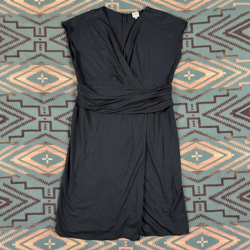 Armani Collezioni Dark Blue Faux Wrap Dress Made In Italy Ruched Waist V-Neck 14